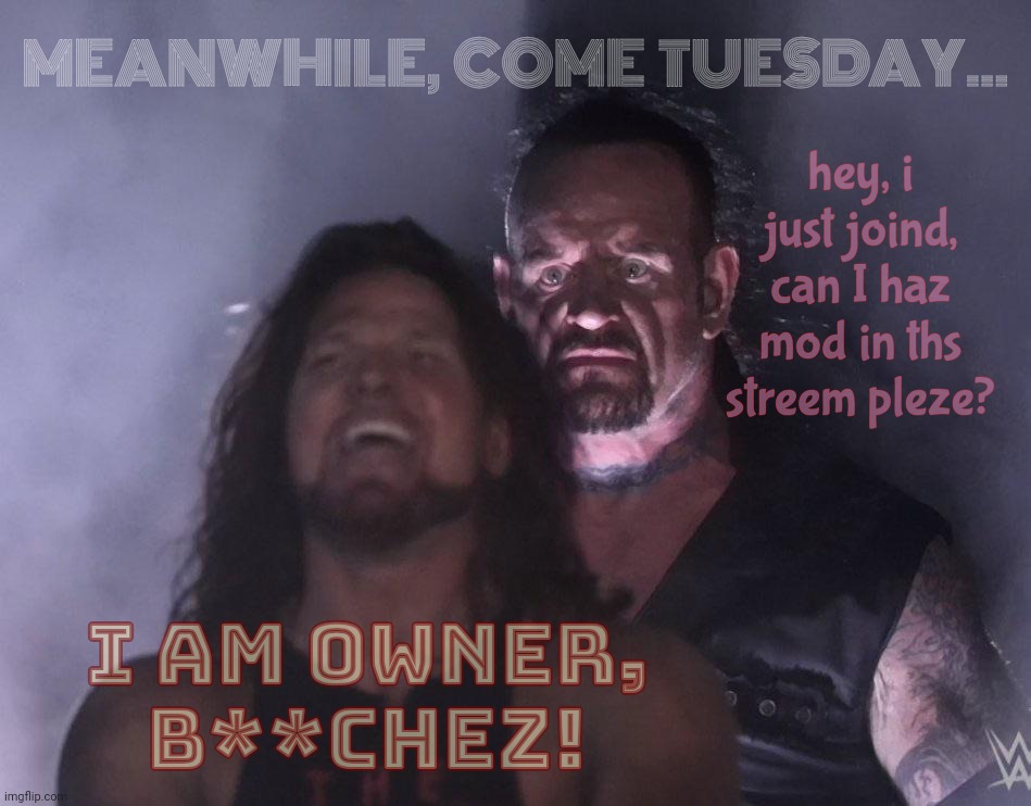 With great power comes grate numbers of chipmunk newbs seeking mod of streams they just saw for the first time, Surly | MEANWHILE,  COME  TUESDAY... hey, i just joind, can I haz mod in ths streem pleze? I AM OWNER, B**CHEZ! | image tagged in undertaker,aj styles,aj styles undertaker,aj styles and undertaker,surly kong | made w/ Imgflip meme maker