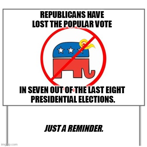 REPUBLICANS HAVE LOST THE POPULAR VOTE; IN SEVEN OUT OF THE LAST EIGHT 
PRESIDENTIAL ELECTIONS. JUST A REMINDER. | image tagged in republicans,losers,popular vote,presidential election | made w/ Imgflip meme maker