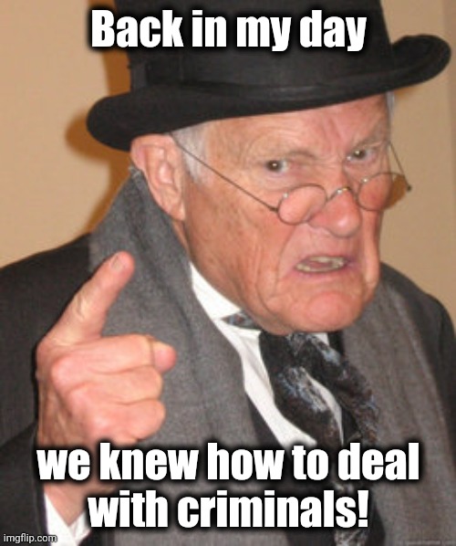 Back In My Day Meme | Back in my day we knew how to deal
with criminals! | image tagged in memes,back in my day | made w/ Imgflip meme maker