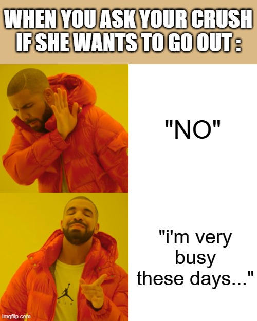 this kind of answer... | WHEN YOU ASK YOUR CRUSH IF SHE WANTS TO GO OUT :; "NO"; "i'm very busy these days..." | image tagged in memes,drake hotline bling | made w/ Imgflip meme maker