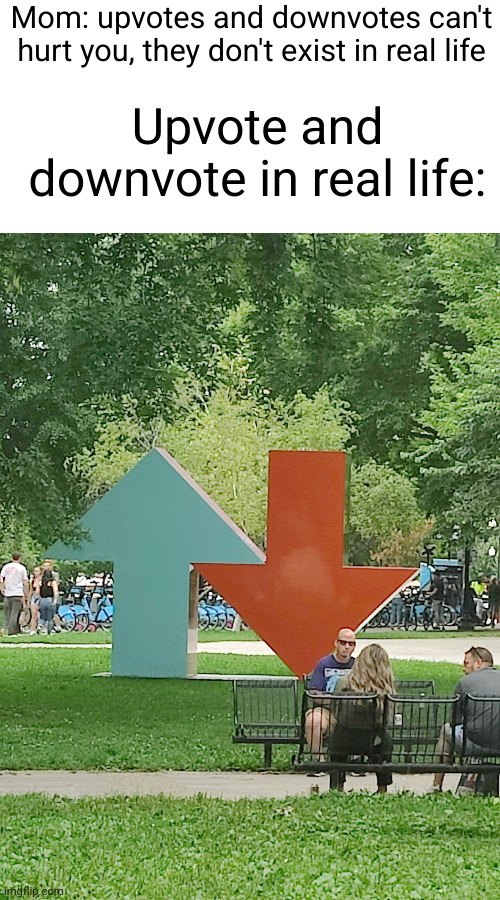 imgflip park of chicago | Mom: upvotes and downvotes can't hurt you, they don't exist in real life; Upvote and downvote in real life: | image tagged in upvote,downvote,chicago,park,scary,uh oh | made w/ Imgflip meme maker