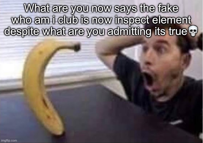 banana standing up | What are you now says the fake who am i club is now inspect element despite what are you admitting its true💀 | image tagged in banana standing up | made w/ Imgflip meme maker