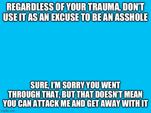 REGARDLESS OF YOUR TRAUMA, DON’T USE IT AS AN EXCUSE TO BE AN ASSHOLE; SURE, I’M SORRY YOU WENT THROUGH THAT, BUT THAT DOESN’T MEAN YOU CAN ATTACK ME AND GET AWAY WITH IT | made w/ Imgflip meme maker