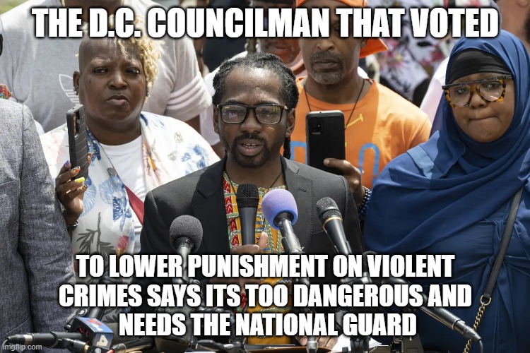 Democrats in a Nutshell | THE D.C. COUNCILMAN THAT VOTED; TO LOWER PUNISHMENT ON VIOLENT
CRIMES SAYS ITS TOO DANGEROUS AND
 NEEDS THE NATIONAL GUARD | image tagged in washington dc,washington,dc,crime,laws,criminals | made w/ Imgflip meme maker