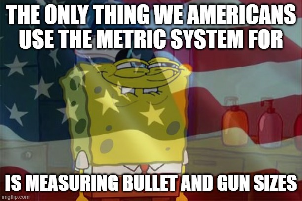 *Laughs in American* | THE ONLY THING WE AMERICANS USE THE METRIC SYSTEM FOR; IS MEASURING BULLET AND GUN SIZES | image tagged in memes,dont you squidward,america,guns,metric,laughs in american | made w/ Imgflip meme maker