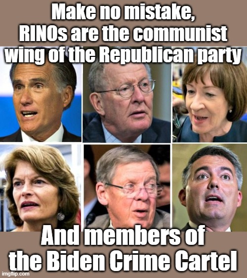 When in the course of human events... | Make no mistake, RINOs are the communist wing of the Republican party; And members of the Biden Crime Cartel | image tagged in rino republicans | made w/ Imgflip meme maker
