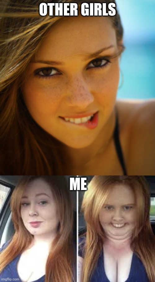 OTHER GIRLS; ME | image tagged in pretty girl biting lip,pretty vs ugly girl template by memergirl2020 | made w/ Imgflip meme maker