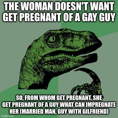 woman | THE WOMAN DOESN'T WANT GET PREGNANT OF A GAY GUY; SO, FROM WHOM GET PREGNANT. SHE GET PREGNANT OF A GUY WHAT CAN IMPREGNATE HER (MARRIED MAN, GUY WITH GILFRIEND) | image tagged in memes,philosoraptor | made w/ Imgflip meme maker