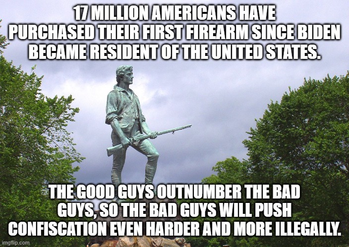 Only a handful of people are shredding the Constitution, what's in your closet? | 17 MILLION AMERICANS HAVE PURCHASED THEIR FIRST FIREARM SINCE BIDEN BECAME RESIDENT OF THE UNITED STATES. THE GOOD GUYS OUTNUMBER THE BAD GUYS, SO THE BAD GUYS WILL PUSH CONFISCATION EVEN HARDER AND MORE ILLEGALLY. | image tagged in minute man | made w/ Imgflip meme maker
