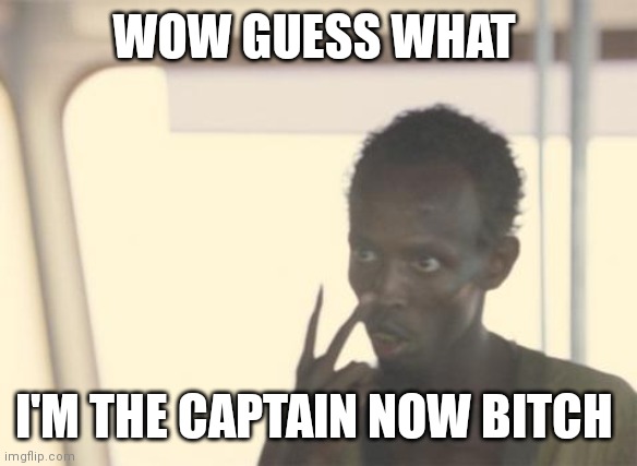 Use this for certain situations that call for it | WOW GUESS WHAT; I'M THE CAPTAIN NOW BITCH | image tagged in memes,i'm the captain now,funny memes,i'm now the captain | made w/ Imgflip meme maker