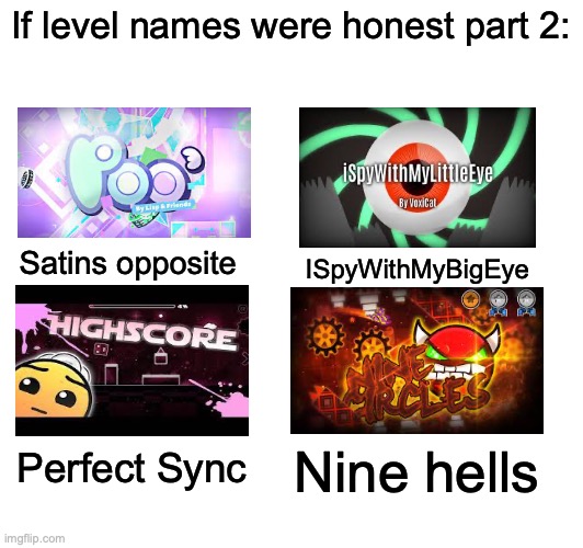 Fax | If level names were honest part 2:; Satins opposite; ISpyWithMyBigEye; Perfect Sync; Nine hells | image tagged in geometry dash | made w/ Imgflip meme maker
