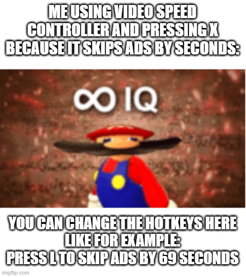 Infinite IQ | ME USING VIDEO SPEED CONTROLLER AND PRESSING X BECAUSE IT SKIPS ADS BY SECONDS: YOU CAN CHANGE THE HOTKEYS HERE
LIKE FOR EXAMPLE:
PRESS L TO | image tagged in infinite iq | made w/ Imgflip meme maker