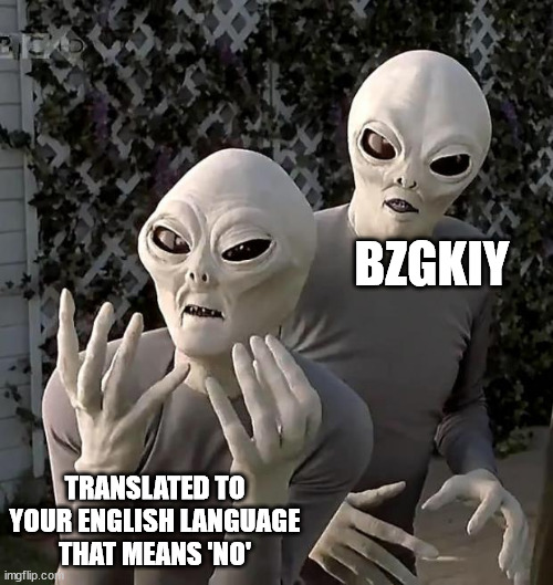 Aliens | BZGKIY TRANSLATED TO YOUR ENGLISH LANGUAGE THAT MEANS 'NO' | image tagged in aliens | made w/ Imgflip meme maker