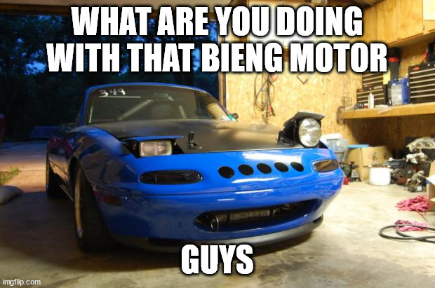 Confused Miata | WHAT ARE YOU DOING WITH THAT BIENG MOTOR; GUYS | image tagged in confused miata | made w/ Imgflip meme maker