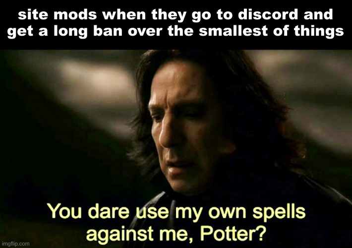 idk if any of them use discord tho | site mods when they go to discord and get a long ban over the smallest of things | image tagged in how dare you use my own spells against me potter | made w/ Imgflip meme maker