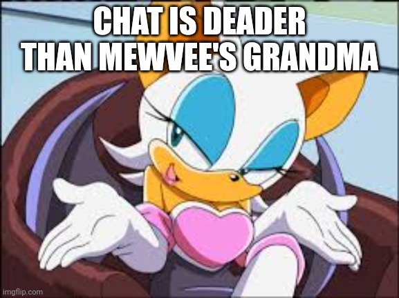 (just cuz mewv will get mad this is a /j) | CHAT IS DEADER THAN MEWVEE'S GRANDMA | image tagged in rouge the bat | made w/ Imgflip meme maker