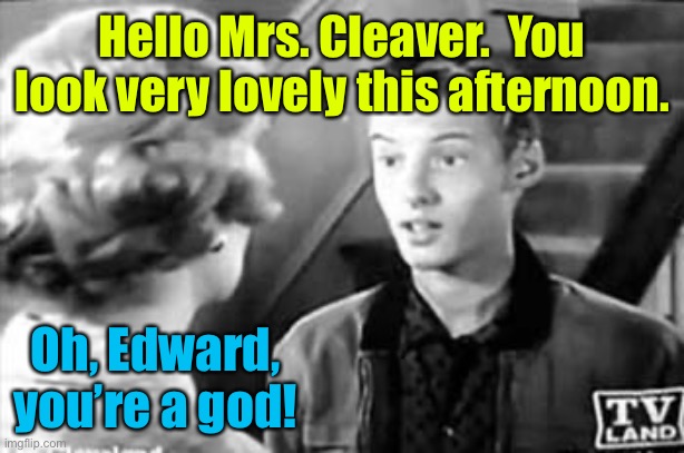 Eddie Haskell | Hello Mrs. Cleaver.  You look very lovely this afternoon. Oh, Edward, you’re a god! | image tagged in eddie haskell | made w/ Imgflip meme maker