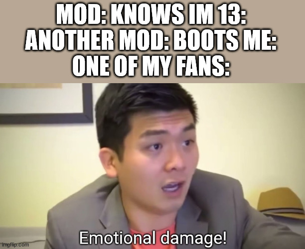 [username] has been banned. | MOD: KNOWS IM 13:
ANOTHER MOD: BOOTS ME:
ONE OF MY FANS: | image tagged in emotional damage,ban | made w/ Imgflip meme maker