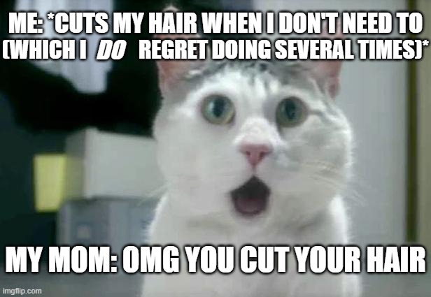 I've given myself like a few bad haircuts in my time but the last one I gave myself after the 4th of july in 2021 was the worst | ME: *CUTS MY HAIR WHEN I DON'T NEED TO; DO; (WHICH I; REGRET DOING SEVERAL TIMES)*; MY MOM: OMG YOU CUT YOUR HAIR | image tagged in memes,omg cat,relatable,omg,hair,bad haircut | made w/ Imgflip meme maker