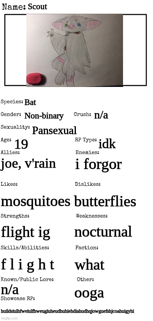 i don't think i did this correctly | Scout; Bat; n/a; Non-binary; Pansexual; 19; idk; joe, v'rain; i forgor; butterflies; mosquitoes; nocturnal; flight ig; f l i g h t; what; n/a; ooga; huildsiulhfweiulfhweugiuheudhuhiehdiahudhqjowguefshjcoahuigyhi | image tagged in new oc showcase for rp stream | made w/ Imgflip meme maker