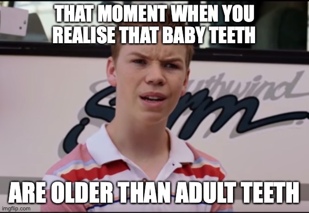 Waitaminit...it's actually true! | THAT MOMENT WHEN YOU REALISE THAT BABY TEETH; ARE OLDER THAN ADULT TEETH | image tagged in you guys are getting paid | made w/ Imgflip meme maker