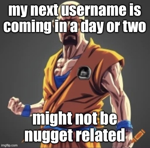 real | my next username is coming in a day or two; might not be nugget related | image tagged in saiyan waltuh | made w/ Imgflip meme maker