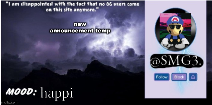 SMG3 announcement temp | new announcement temp; happi | image tagged in smg3 announcement temp | made w/ Imgflip meme maker