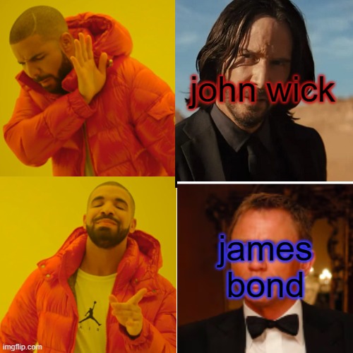 Drake Hotline Bling Meme | john wick; james bond | image tagged in memes,drake hotline bling | made w/ Imgflip meme maker