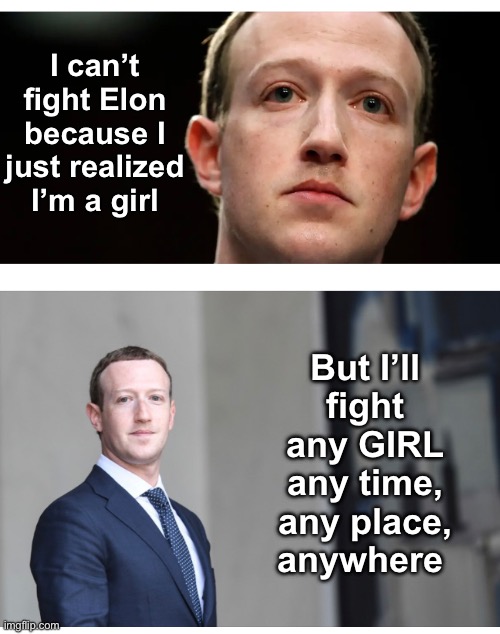 Musk Zuckerberg Fight | I can’t fight Elon because I just realized I’m a girl; But I’ll fight any GIRL any time, any place, anywhere | image tagged in girl,zuckerberg,elon musk,fight | made w/ Imgflip meme maker