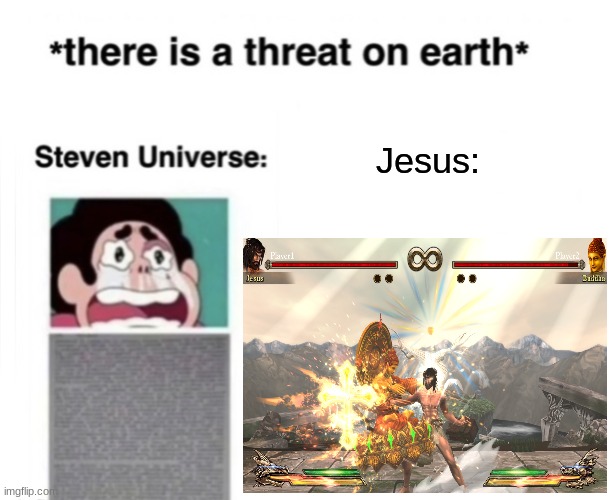 Yes, that is Jesus fighting the Buddha. What's so weird about it? | Jesus: | image tagged in there is a threat on earth | made w/ Imgflip meme maker