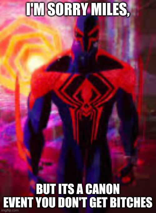 Spider-Man 2099 | I'M SORRY MILES, BUT ITS A CANON EVENT YOU DON'T GET BITCHES | image tagged in spider-man 2099 | made w/ Imgflip meme maker