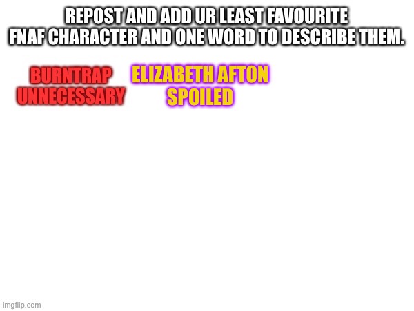 Title | ELIZABETH AFTON
SPOILED | image tagged in fnaf,repost | made w/ Imgflip meme maker
