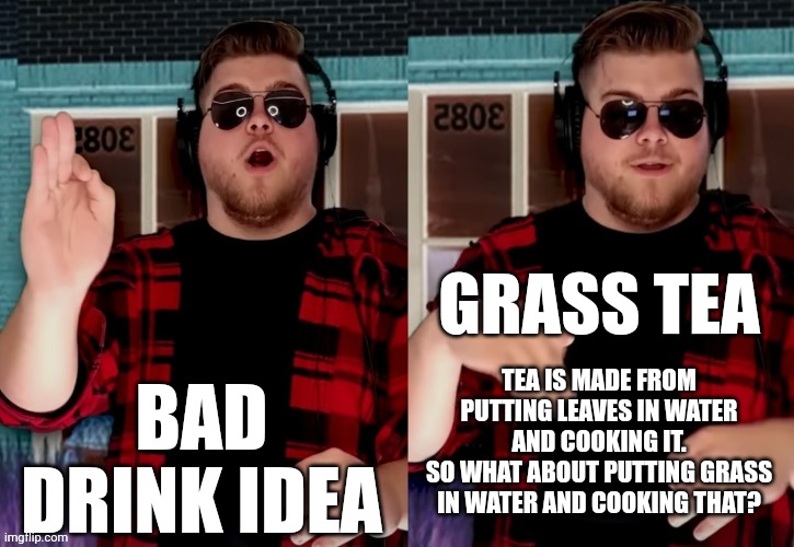 Bad X Idea | GRASS TEA; BAD DRINK IDEA; TEA IS MADE FROM PUTTING LEAVES IN WATER AND COOKING IT.
SO WHAT ABOUT PUTTING GRASS IN WATER AND COOKING THAT? | image tagged in bad x idea,tea,grass | made w/ Imgflip meme maker