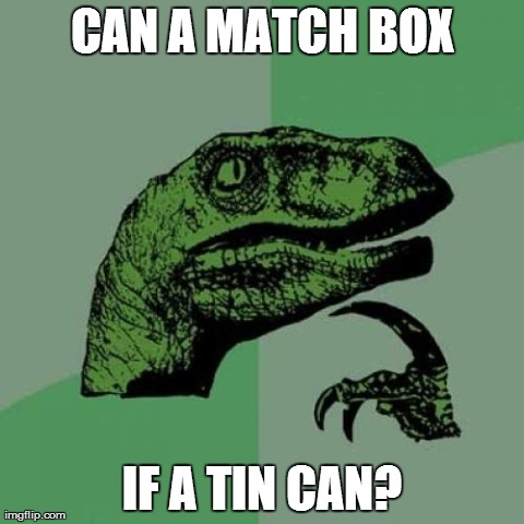 Philosoraptor so punny | CAN A MATCH BOX IF A TIN CAN? | image tagged in memes,philosoraptor | made w/ Imgflip meme maker