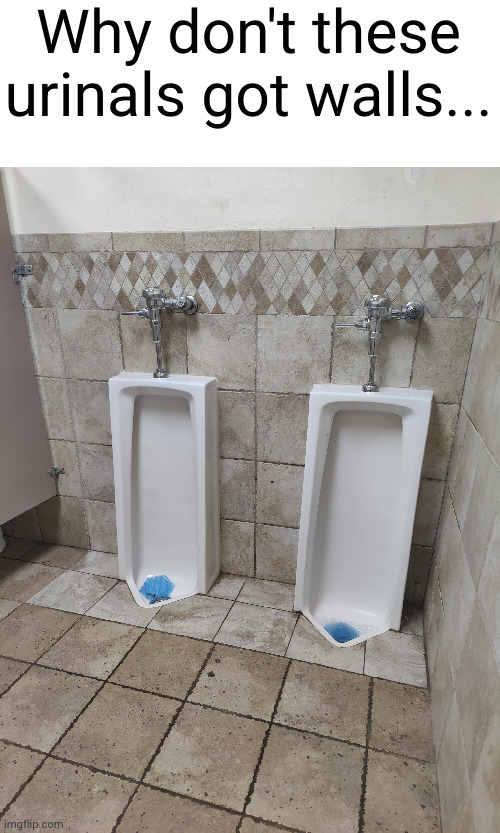 I waiting for the guy until I went I don't need him to see my 12 inches... | Why don't these urinals got walls... | image tagged in urinal,walls,what the heck,wierd,gas station,penis | made w/ Imgflip meme maker