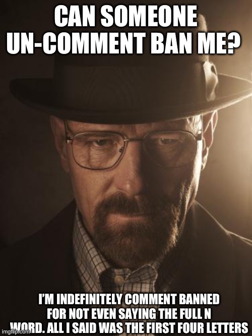 I’ve been comment banned for a week | CAN SOMEONE UN-COMMENT BAN ME? I’M INDEFINITELY COMMENT BANNED FOR NOT EVEN SAYING THE FULL N WORD. ALL I SAID WAS THE FIRST FOUR LETTERS | image tagged in walter white | made w/ Imgflip meme maker