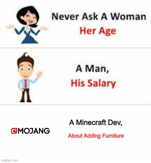 Never ask a woman her age | A Minecraft Dev, About Adding Furniture | image tagged in never ask a woman her age | made w/ Imgflip meme maker