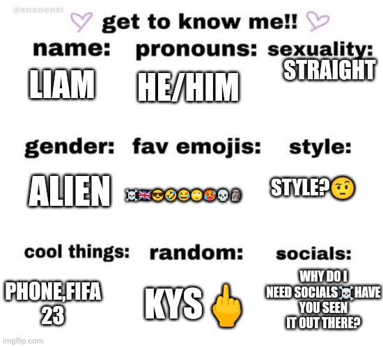 get to know me | HE/HIM; STRAIGHT; LIAM; STYLE?🤨; ALIEN; ☠️🇬🇧😎🤣😂🙄🥵💀🗿; WHY DO I NEED SOCIALS☠️HAVE YOU SEEN IT OUT THERE? PHONE,FIFA 23; KYS🖕 | image tagged in get to know me | made w/ Imgflip meme maker