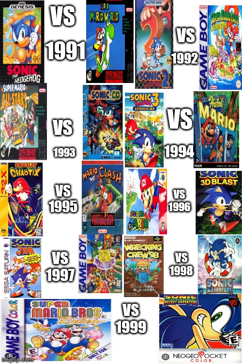 Mainline Mario and Sonic games of the 90s tournament | VS; 1991; VS; 1992; VS; VS; 1993; 1994; VS 1995; VS 1996; VS 1997; VS 1998; VS 1999 | image tagged in gaming memes,gaming,cartoons,video game competition,90s,millennial childhood | made w/ Imgflip meme maker