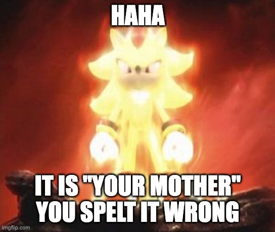 Super Shadow | HAHA IT IS "YOUR MOTHER" YOU SPELT IT WRONG | image tagged in super shadow | made w/ Imgflip meme maker