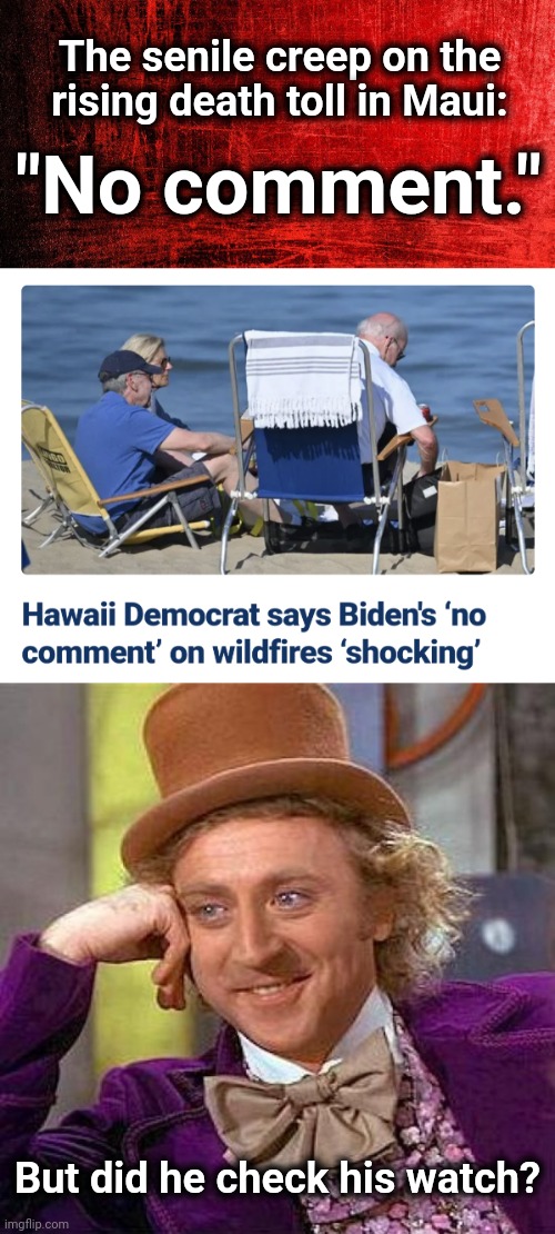 What's he care?  Hawaii is a blue state. | The senile creep on the rising death toll in Maui:; "No comment."; But did he check his watch? | image tagged in memes,creepy condescending wonka,joe biden,democrats,hawaii,wildfire | made w/ Imgflip meme maker