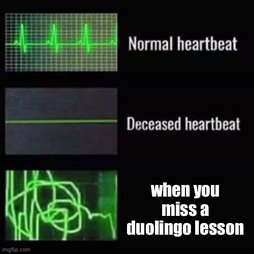 when you miss a duolingo lesson | when you miss a duolingo lesson | image tagged in heartbeat rate,duolingo | made w/ Imgflip meme maker