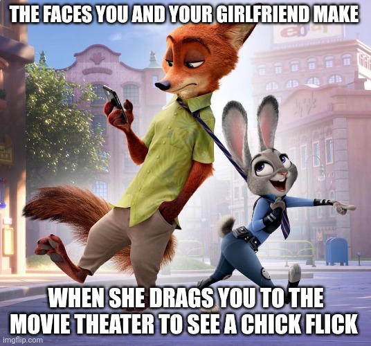 Nick and Judy Go to the Movies | THE FACES YOU AND YOUR GIRLFRIEND MAKE; WHEN SHE DRAGS YOU TO THE MOVIE THEATER TO SEE A CHICK FLICK | image tagged in judy hopps pulling nick wilde,zootopia,nick wilde,judy hopps,the face you make when,funny | made w/ Imgflip meme maker