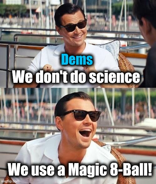 Leonardo Dicaprio Wolf Of Wall Street Meme | We don't do science We use a Magic 8-Ball! Dems | image tagged in memes,leonardo dicaprio wolf of wall street | made w/ Imgflip meme maker