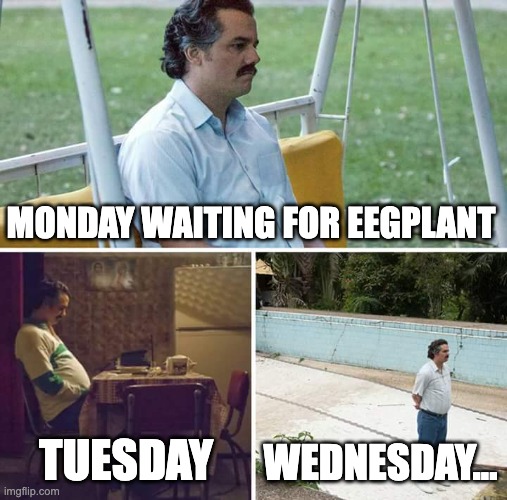 Eggplant | MONDAY WAITING FOR EEGPLANT; TUESDAY; WEDNESDAY... | image tagged in memes,sad pablo escobar | made w/ Imgflip meme maker