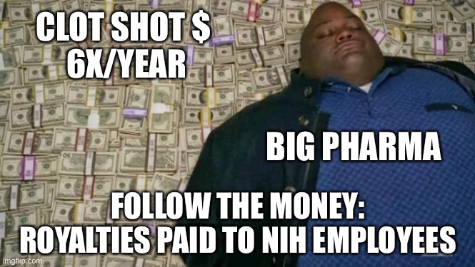 huell money | CLOT SHOT $
 6X/YEAR BIG PHARMA FOLLOW THE MONEY: ROYALTIES PAID TO NIH EMPLOYEES | image tagged in huell money | made w/ Imgflip meme maker