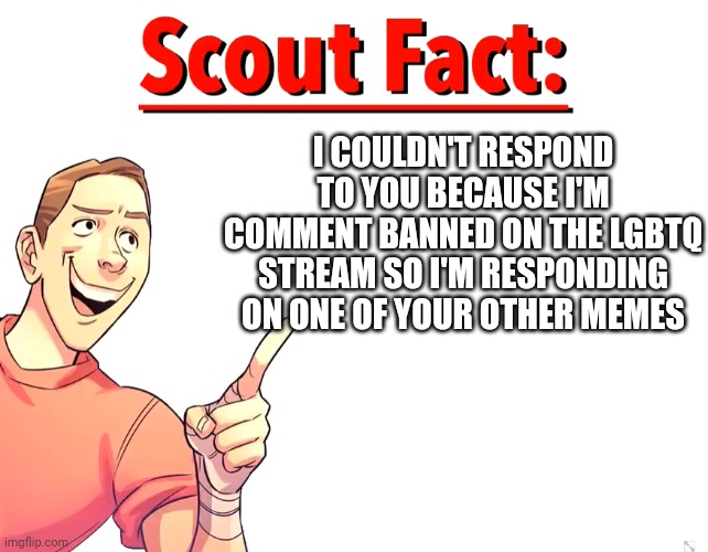 Scout Fact | I COULDN'T RESPOND TO YOU BECAUSE I'M COMMENT BANNED ON THE LGBTQ STREAM SO I'M RESPONDING ON ONE OF YOUR OTHER MEMES | image tagged in scout fact | made w/ Imgflip meme maker