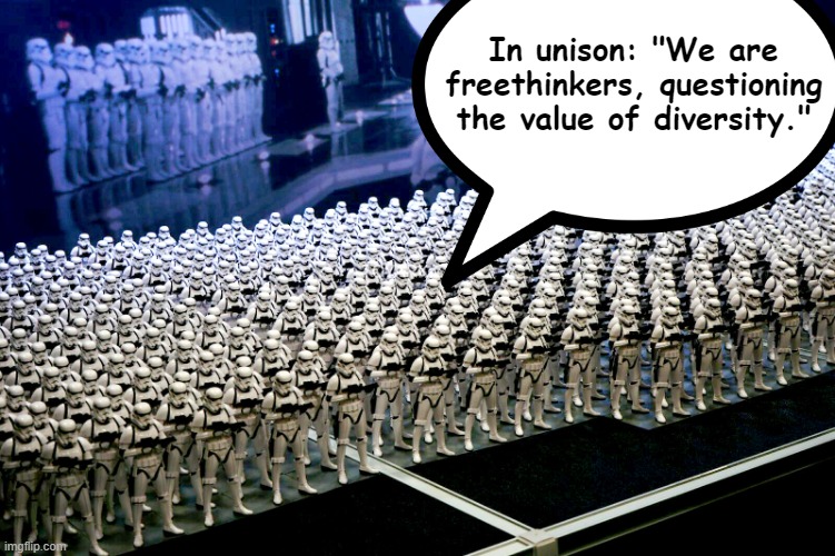 Don't be a JAQ off. Don't "just ask questions" you're not interested in learning the answers to. | In unison: "We are freethinkers, questioning the value of diversity." | image tagged in stormtroopers legion,diversity,nazis,fascists,white nationalism,white supremacists | made w/ Imgflip meme maker