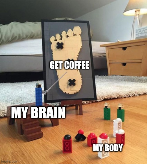 When I need to get coffee | GET COFFEE; MY BRAIN; MY BODY | image tagged in lego war plan,coffee,jpfan102504 | made w/ Imgflip meme maker