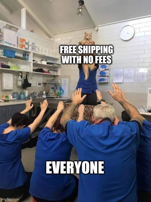 All hail the free shipping and no fees | FREE SHIPPING WITH NO FEES; EVERYONE | image tagged in people worshipping the cat | made w/ Imgflip meme maker